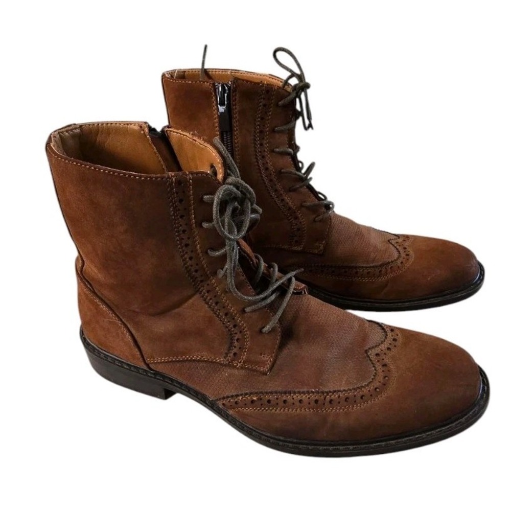 Unlisted Buzzer brown men boot wingtip toe Size 8.5 ankle high lace up side zip‎